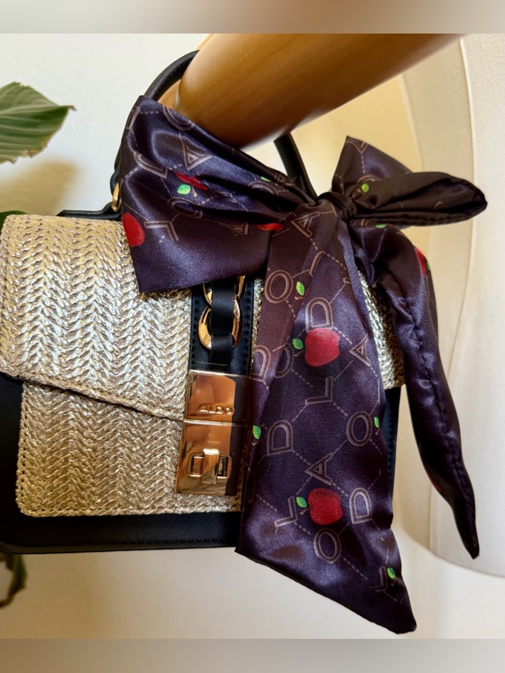 Aldo Gold Straw Satchel with Black Trim and Purple Scarf